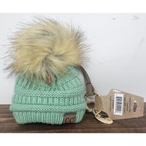 C.C Exclusives Mint Green Pom Pom Mini Knitted Cap Hat Key Chain Gold Accents